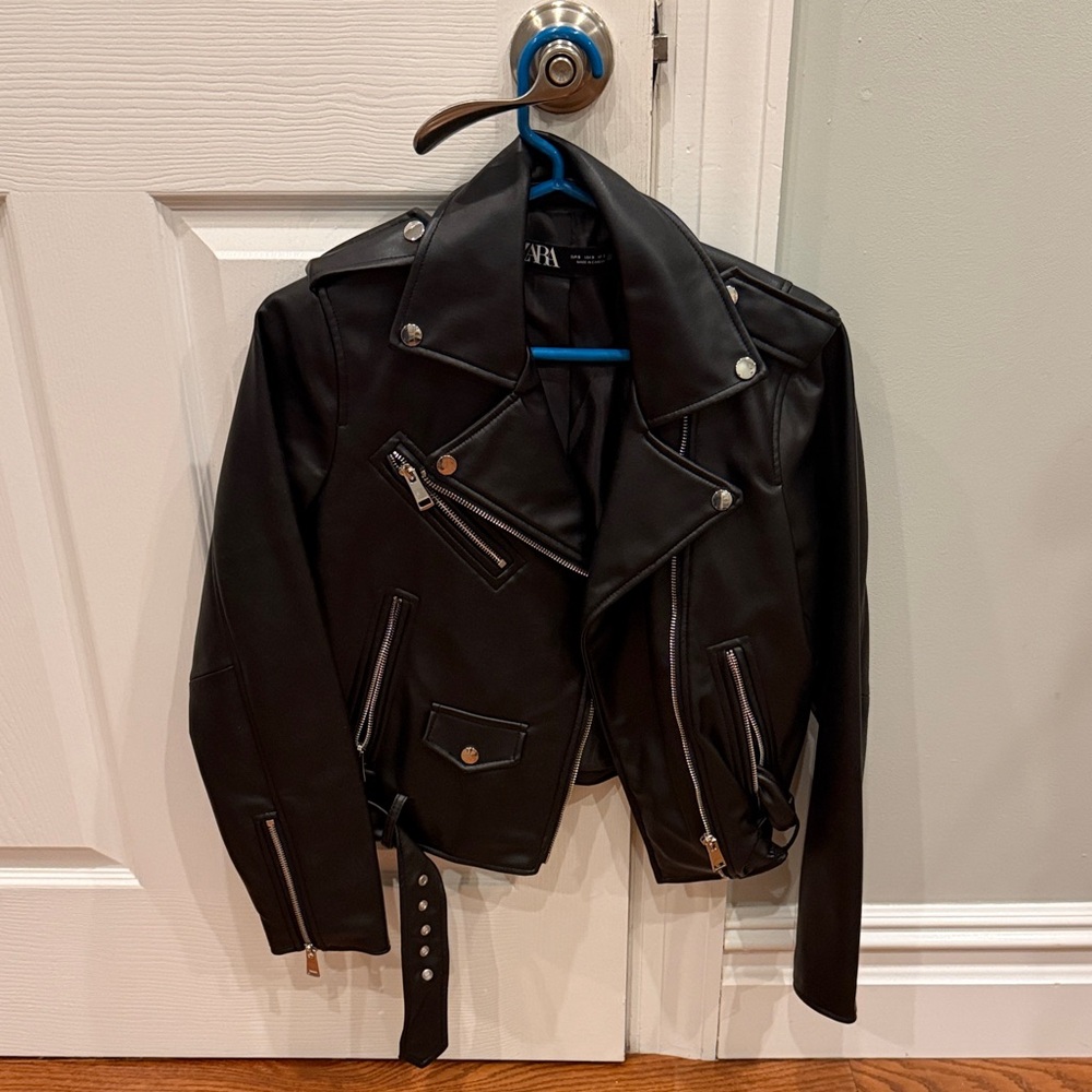 Zara Black Leather Moto Jacket with Silver Accents